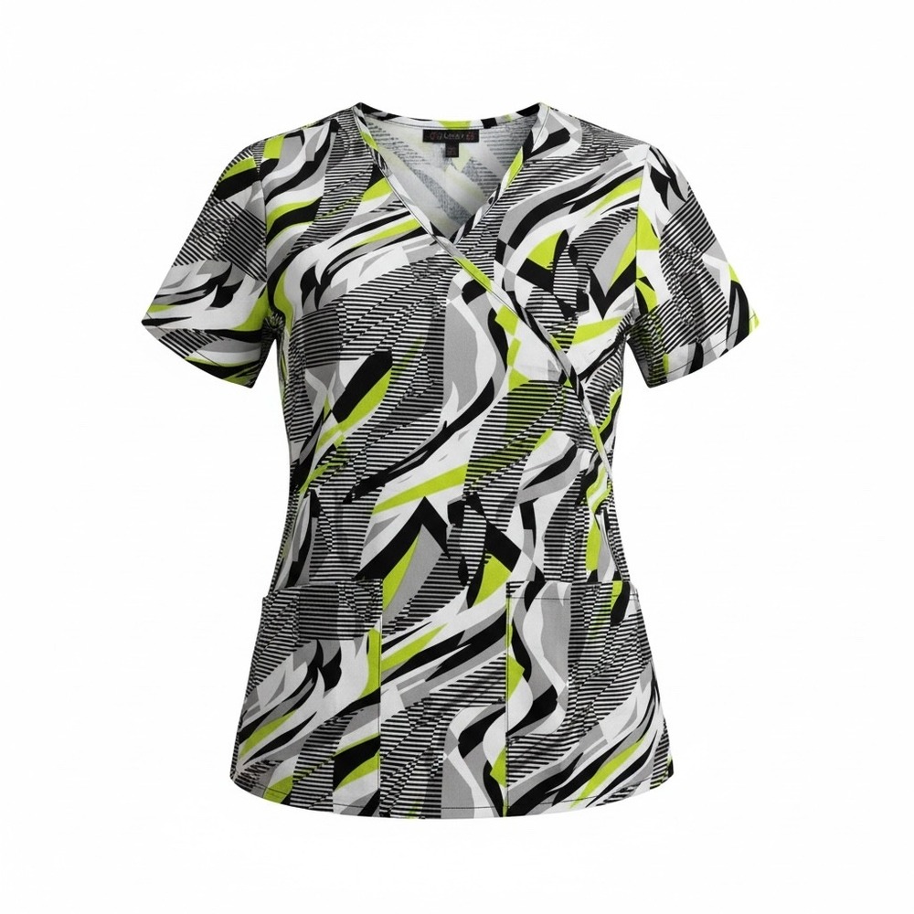 FLEX Abstract Geometric Print Wrap V-Neck‎ Scrub Top Women's XS